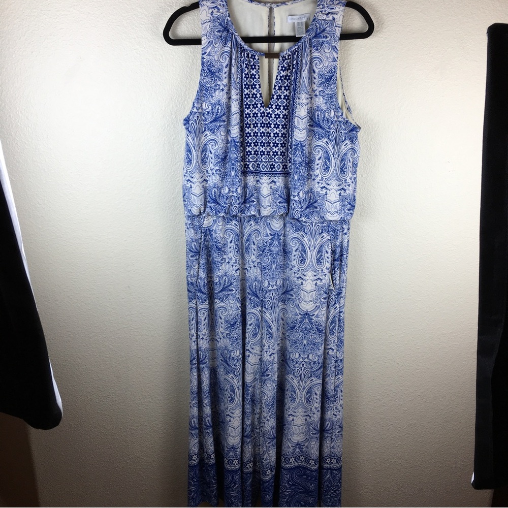 London Times Women's Sleeveless Blue White Crop Jumpsuit Keyholes Size 12